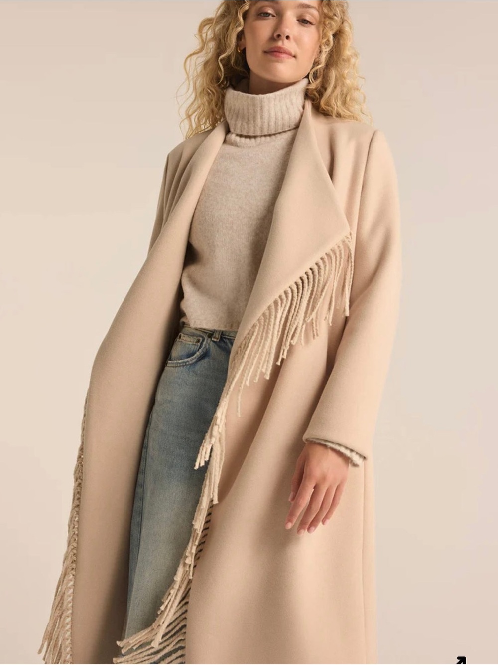Z supply Fringed Open Front Long Coat in Soft Beige